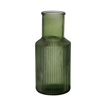 Decorative glass bottle CARMELA, grooves, green-transparent, 8.7"/22 cm, Ø 4"/10 cm