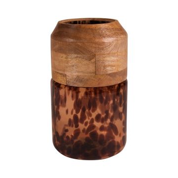 Glass vase RUSSELL with mango wood, leopard pattern, brown-transparent, 10"/25,5 cm, Ø 6"/15 cm