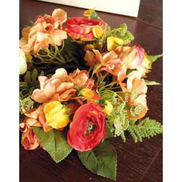 Decorative hydrangea wreath SUNA, ranunculus, rose, orange-red, Ø 12"/30cm