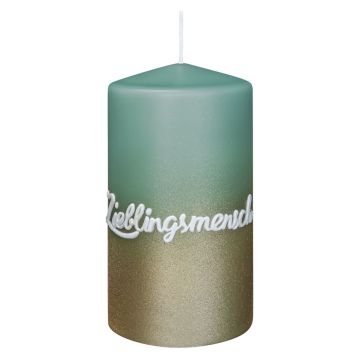 Sentiment candle JARDENA, favourite person in German, reseda-gold, 5.1"/13cm, Ø2.8"/7cm, 52h