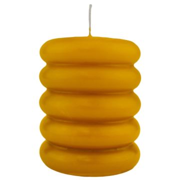 Pillar candle MONISHA with horizontal grooves, ochre yellow, 4.3"/11cm, Ø3.5"/9cm, 69h - Made in Germany