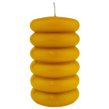 Pillar candle MONISHA with horizontal grooves, ochre yellow, 6"/15cm, Ø3.5"/9cm, 69h - Made in Germany