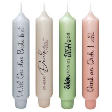 Dinner candle with saying KELANI, compliment in German, 4 candles, 4 sayings, colourful, 6"/16,5cm, Ø1.1"/2,8cm, 6h