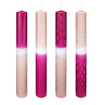 Dip dye dinner candles YOUNA with grooves, wavy lines, 4 pieces, nude-pink, 10"/25cm, Ø1.2"/3cm, 16h