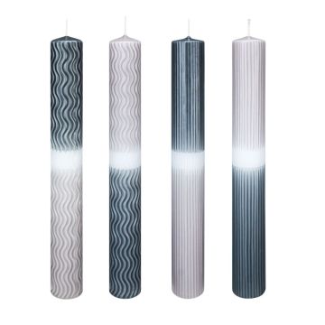 Dip Dye dinner candles YOUNA with grooves, wavy lines, 4 pieces, silver-grey, 10"/25cm, Ø1.2"/3cm, 16h