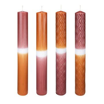 Dip dye dinner candles YOUNA with grooves, wavy lines, 4 pieces, antique red-cognac, 10"/25cm, Ø1.2"/3cm, 16h