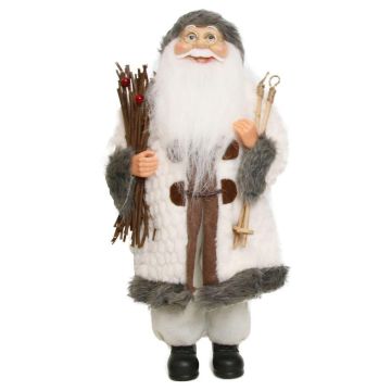 Decorative figurine Father Christmas JARICK, bundle of brushwood, ski sticks, white-grey, 22x14x45cm