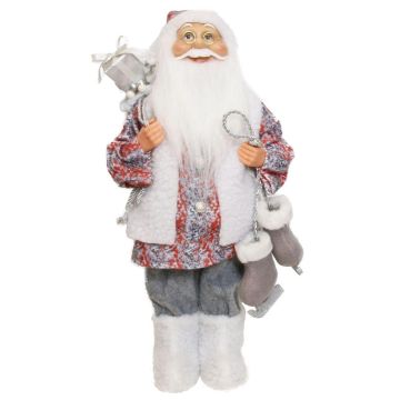 Decorative figurine Father Christmas ABENZIO, ice skates, gift bag, white-grey-red, 22x14x45cm