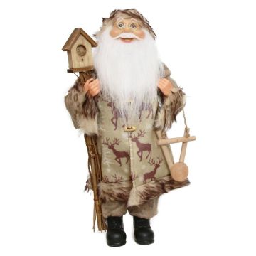 Decorative figurine Father Christmas BALDUIN, bundle of brushwood, birdhouse, hanging wooden decoration, beige-green, 25x14x45cm