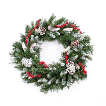 Decorative fir wreath MARLIES, crossdoor, flame retardant, snow, Ø 22"/55cm