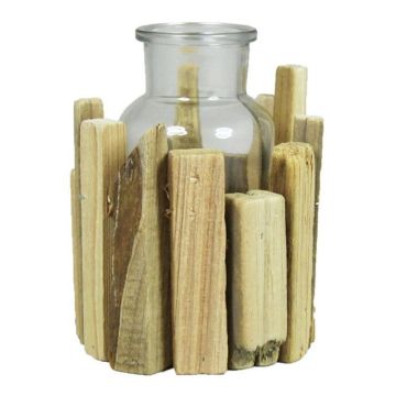 Glass bottle LORRIE with wooden stand, clear, 4.7"x4.7"x5.1"/12x12x13cm
