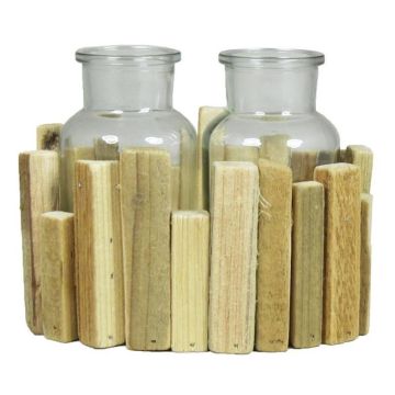 Glass bottles LORRIE with wooden stand, 2 glasses, clear, 7"x4.7"x5.1"/18x12x13cm