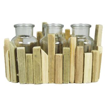 Glass bottles LORRIE with wooden stand, 3 glasses, clear, 10"x4.7"x5.1"/25x12x13cm