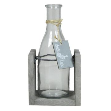 Glass bottle ANYA with wooden stand, clear, 4"x3.1"x8"/10x8x20cm