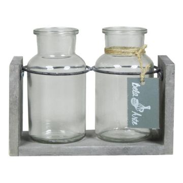 Glass bottles LORRIE with wooden stand, 2 glasses, clear, 7"x3.1"x5.1"//18x8x13cm