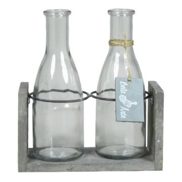 Glass bottles ANYA with wooden stand, 2 glasses, clear, 7"x3.1"x8"/18x8x20cm