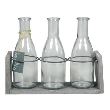 Glass bottles ANYA with wooden stand, 3 glasses, clear, 10"x3.1"x8"/25x8x20cm