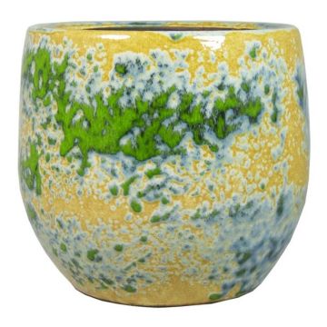 Ceramic planter GIORGOS with pattern, ochre-green-blue, 8"/21cm, Ø9"/23cm