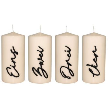 Advent candles PAULINO with numbers, 4 pieces, cream glossy, 15cm, Ø7cm, 63h - Made in Germany