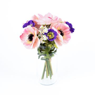 Decorative bouquet AIMEE, anemones and daisies, blue-pink, 12"/30cm, Ø 8"/20cm