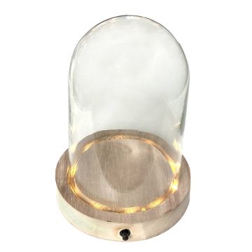 Glass bell jar BENIGNA with LEDs, wooden base, transparent, 4.3"/11cm, Ø4"/10cm