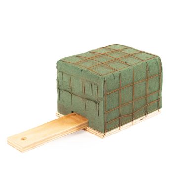 Ökodur Floral foam holder for funeral flowers EINAR with wire grid, handle, natural wood base, green, 4.3"x3.5"x3.1"/11x9x8cm