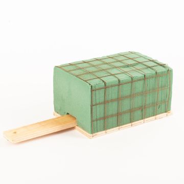 Ökodur Floral foam holder for funeral flowers EINAR with wire grid, handle, natural wood base, green, 7"x4.3"x3.3"/17x11x8,5cm