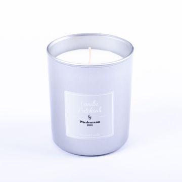 Scented candle MIREYA in glass, Vanilla Patchouli, silver, 3.7"/9,3cm, Ø3.1"/7,9cm, 35h