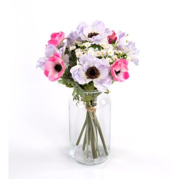 Decorative bouquet AIMEE, anemones and daisies, red-purple, 12"/30cm, Ø 8"/20cm