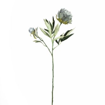 Plastic flower branch Peony GALENE, Eco Collection, grey-light blue, 26"/65cm, Ø4"/10cm